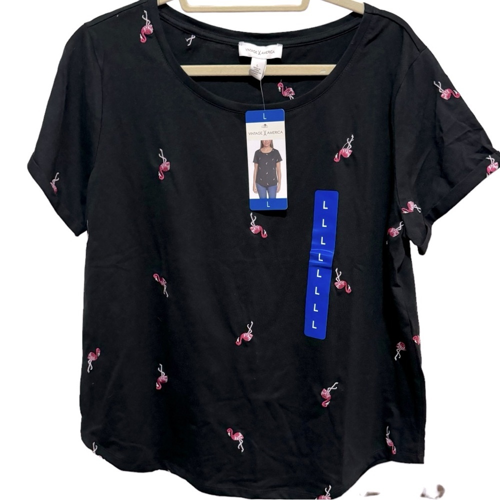 Vintage America - Black Tshirt - Flamingo embroidery - size L NWT